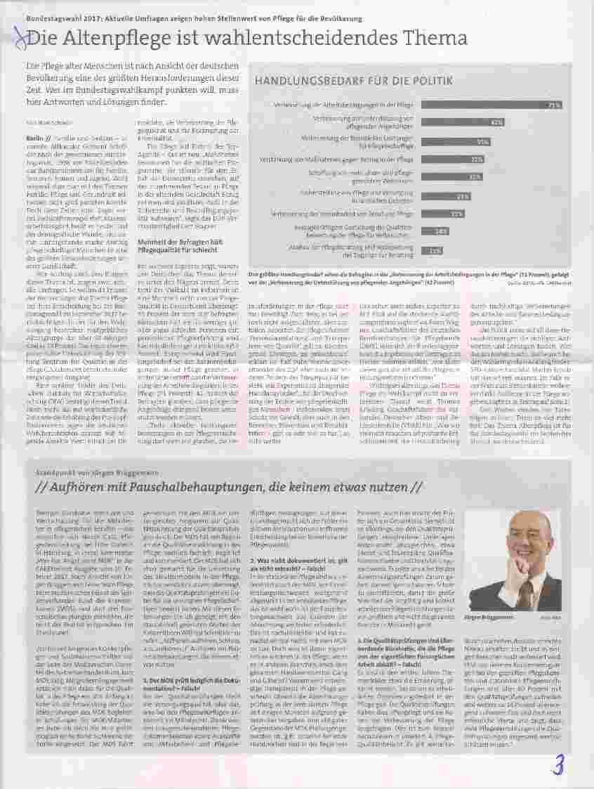 Vorschauseite 1: Bundestagswahl 2017: Aktuelle Umfragen zeigen hohen Stellenwert von Pflege für die Bevölkerung Die Altenpflege ist wahlentscheidendes Thema