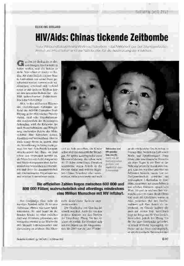 Vorschauseite 1: HIV/Aids: Chinas tickende Zeitbombe