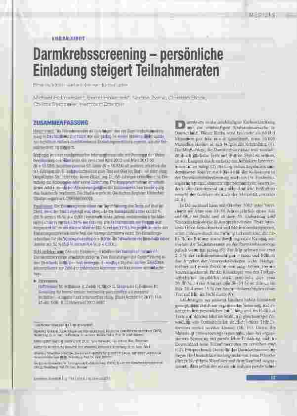 Vorschauseite 1: Darmkrebsscreening - persönliche Einladung steigert Teilnahmeraten