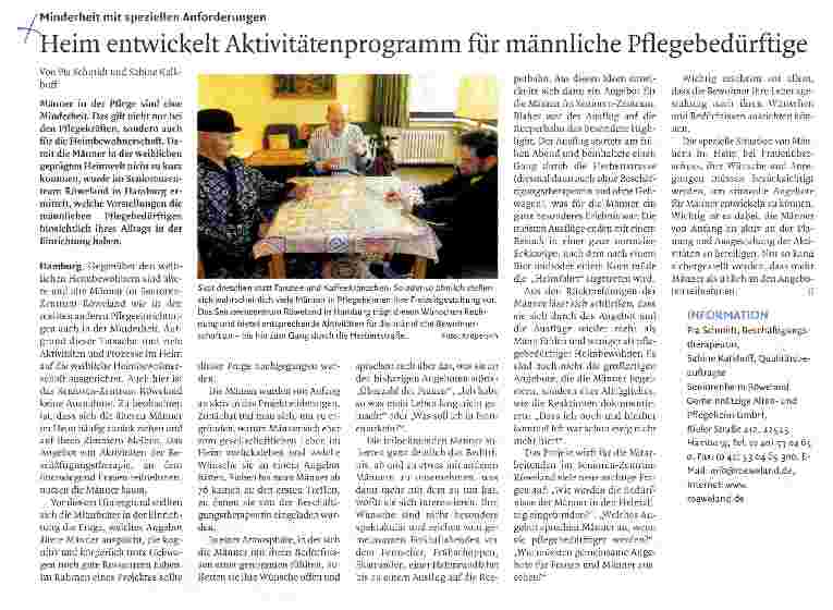 Vorschauseite 1: Heim entwickelt Aktivitätenprogramm für männliche Pflegebedürftige