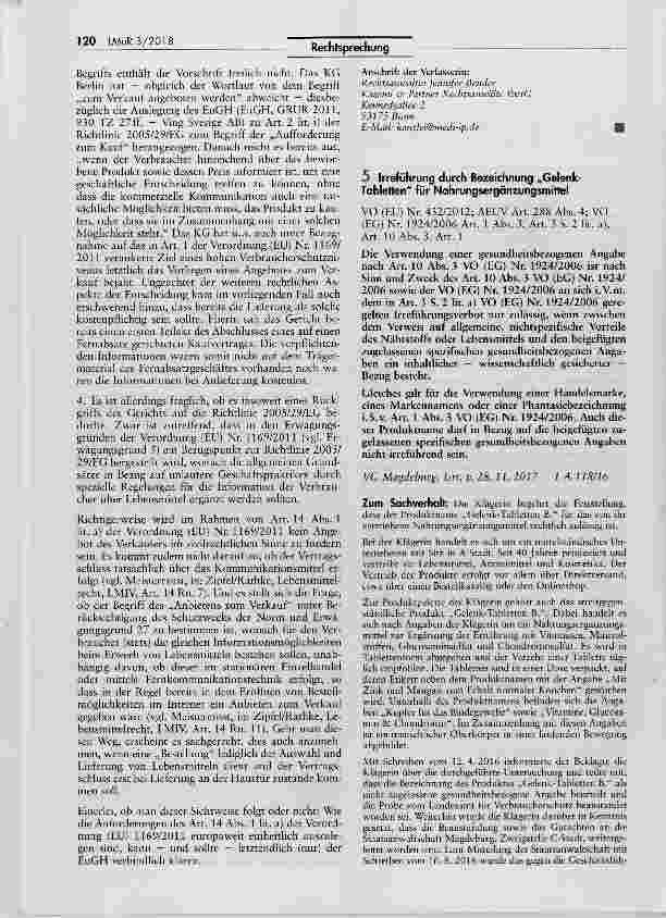 Vorschauseite 1: Irreführung durch Bezeichnung „Gelenk- Tabletten für NahrungsergänzungsmittelVO (EU) Nr. 432/2012; AEUV Art. 288 Abs. 4; VO (EG) Nr. 1924/2006 Art. 1 Abs. 3, Art. 3 S. 2 lit. a),A…
