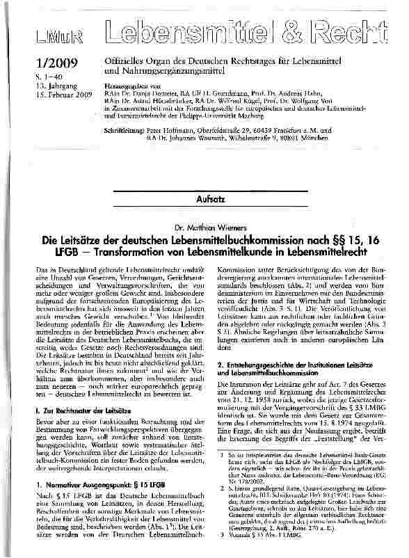 Vorschauseite 1: Die Leitsätze der deutschen Lebensmittelbuchkommission nach §§ 15, 16 LFGB - Transformation von Lebensmittelkunde in Lebensmittelrecht