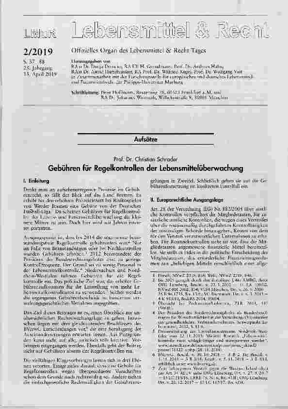 Vorschauseite 1: Gebühren für Regelkontrollen der Lebensmittelüberwachung