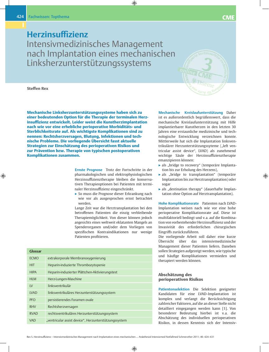 Vorschauseite 1: Herzinsuffizienz – Intensivmedizinisches Management nach Implantation eines mechanischen Linksherzunterstützungssystems