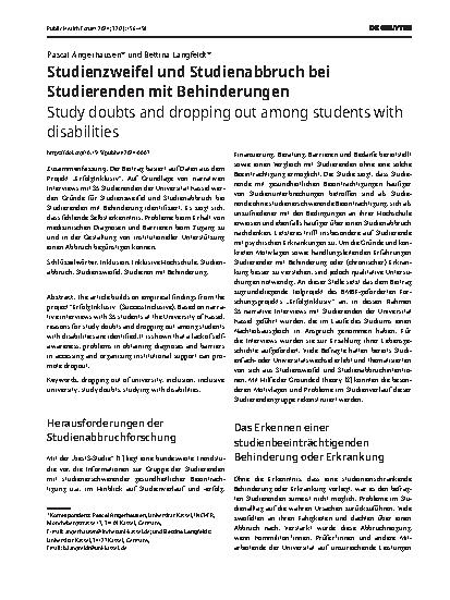 Vorschauseite 1: Studienzweifel und Studienabbruch bei Studierenden mit Behinderungen
