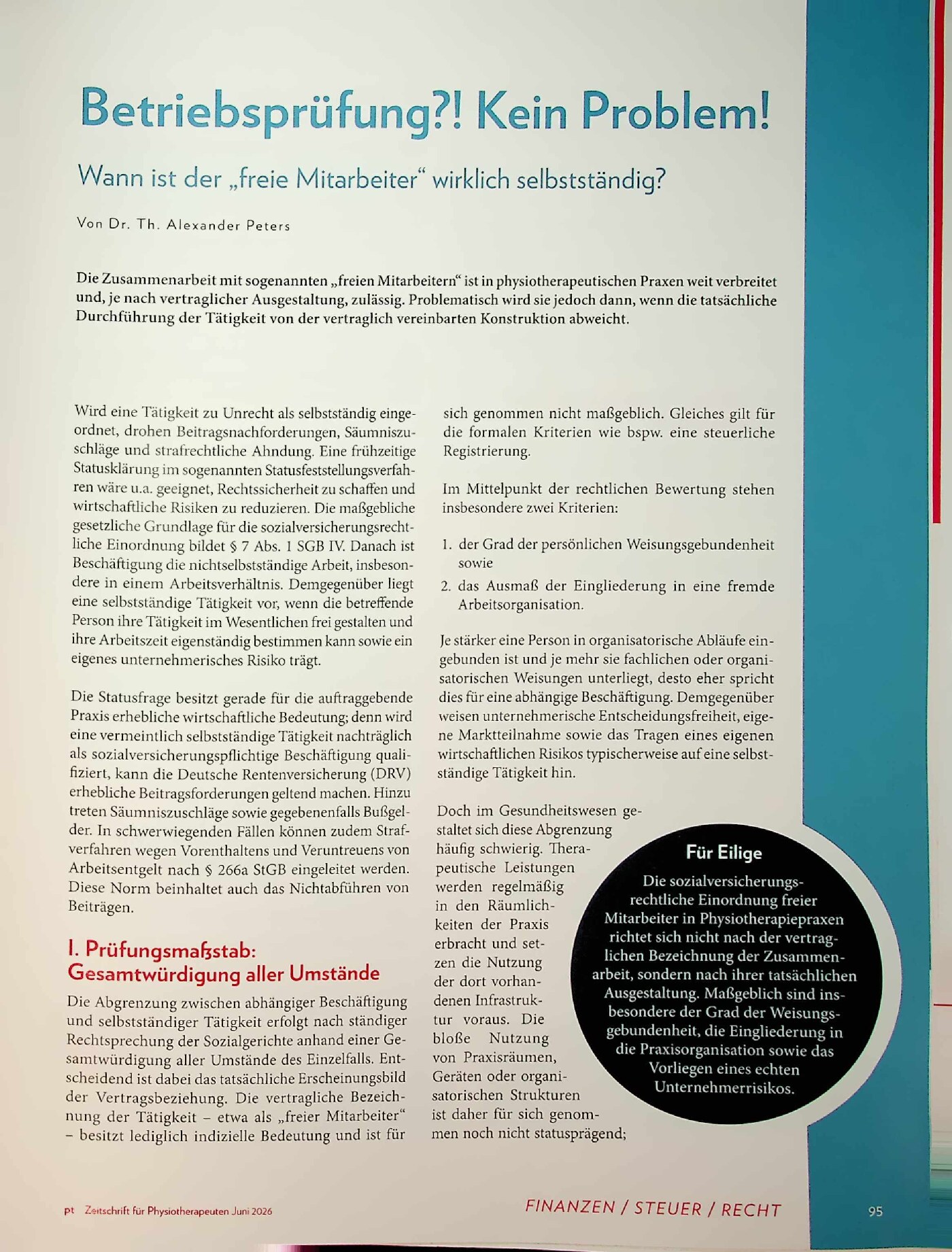 Vorschauseite 1: Betriebsprüfung?! Kein Problem! Wann ist der „freie Mitarbeiter“ wirklich selbstständig?