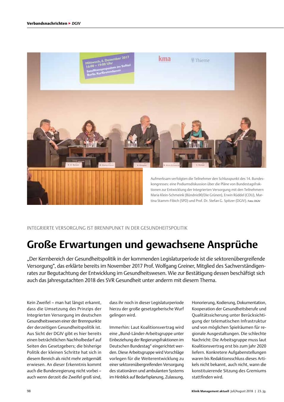 Vorschauseite 1: Integrierte Versorgung ist Brennpunkt in der Gesundheitspolitik: Große Erwartungen und gewachsene Ansprüche