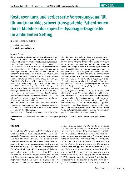 Vorschauseite 1: Kostensenkung und verbesserte Versorgungsqualität für multimorbide, schwer transportable Patient:innen durch Mobile Endoskopische Dysphagie-Diagnostik im ambulanten Setting