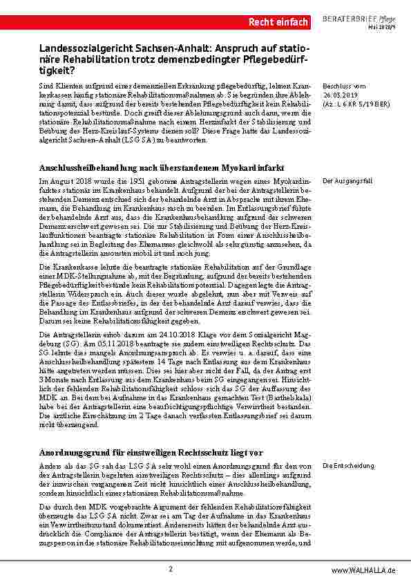 Vorschauseite 2: Landessozialgericht Sachsen-Anhalt: Anspruch auf stationäre Rehabilitation trotz demenzbedingter Pflegebedürftigkeit?