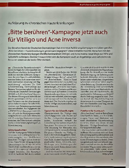 Vorschauseite 1: "Bitte berühren"-Kampagne jetzt auch für Vitiligo und Akne inversa