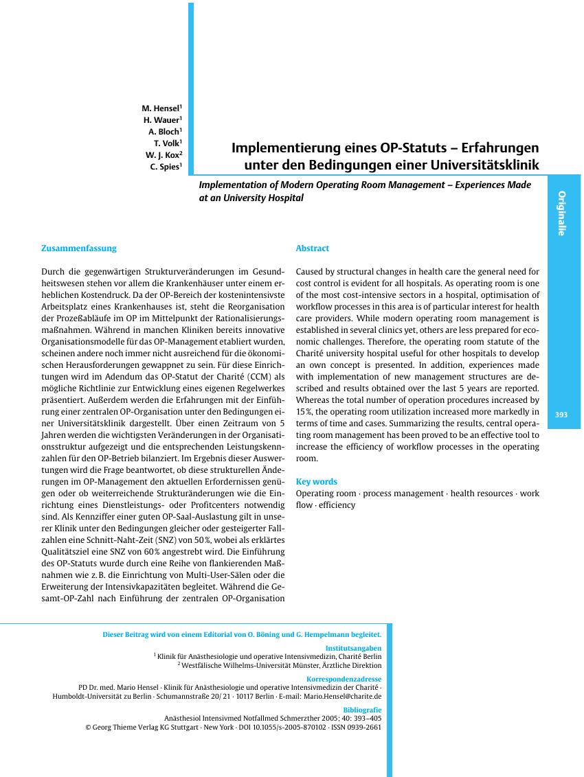 Vorschauseite 1: Implementierung eines OP-Statuts - Erfahrungen unter den Bedingungen einer Universitätsklinik