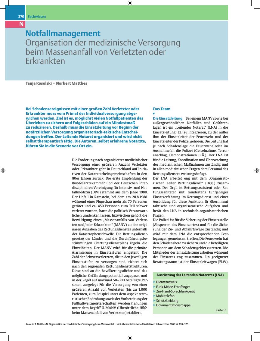Vorschauseite 1: Notfallmanagement - Organisation der medizinische Versorgung beim Massenanfall von Verletzten oder Erkrankten