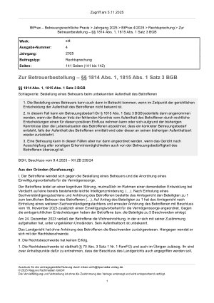 Vorschauseite 1: Zur Betreuerbestellung – §§ 1814 Abs. 1, 1815 Abs. 1 Satz 3 BGB