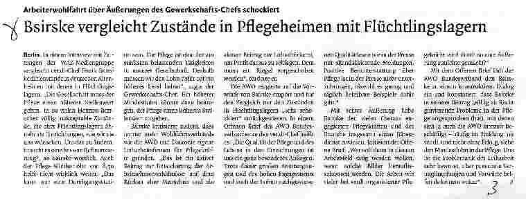 Vorschauseite 1: Bsirske vergleicht Zustände in Pflegeheimen mit Flüchtlingslagern