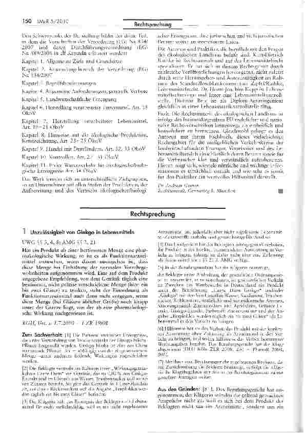 Vorschauseite 1: Unzulässigkeit von Ginkgo in Lebensmitteln