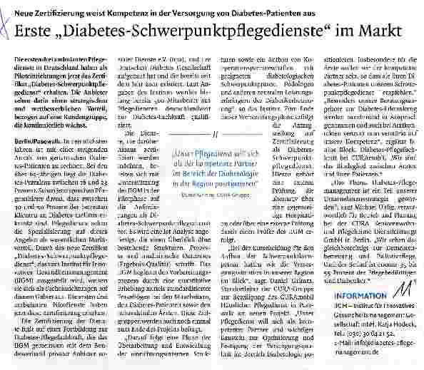 Vorschauseite 1: Erste „Diabetes-Schwerpunktpflegedienste im Markt