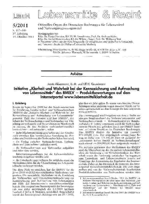 Vorschauseite 1: Initiative „Klarheit und Wahrheit bei der Kennzeichnung und Aufmachungvon Lebensmitteln des BMELV - Produktbewertungen auf dem Internetportal www. lebensmittelklarheit. de