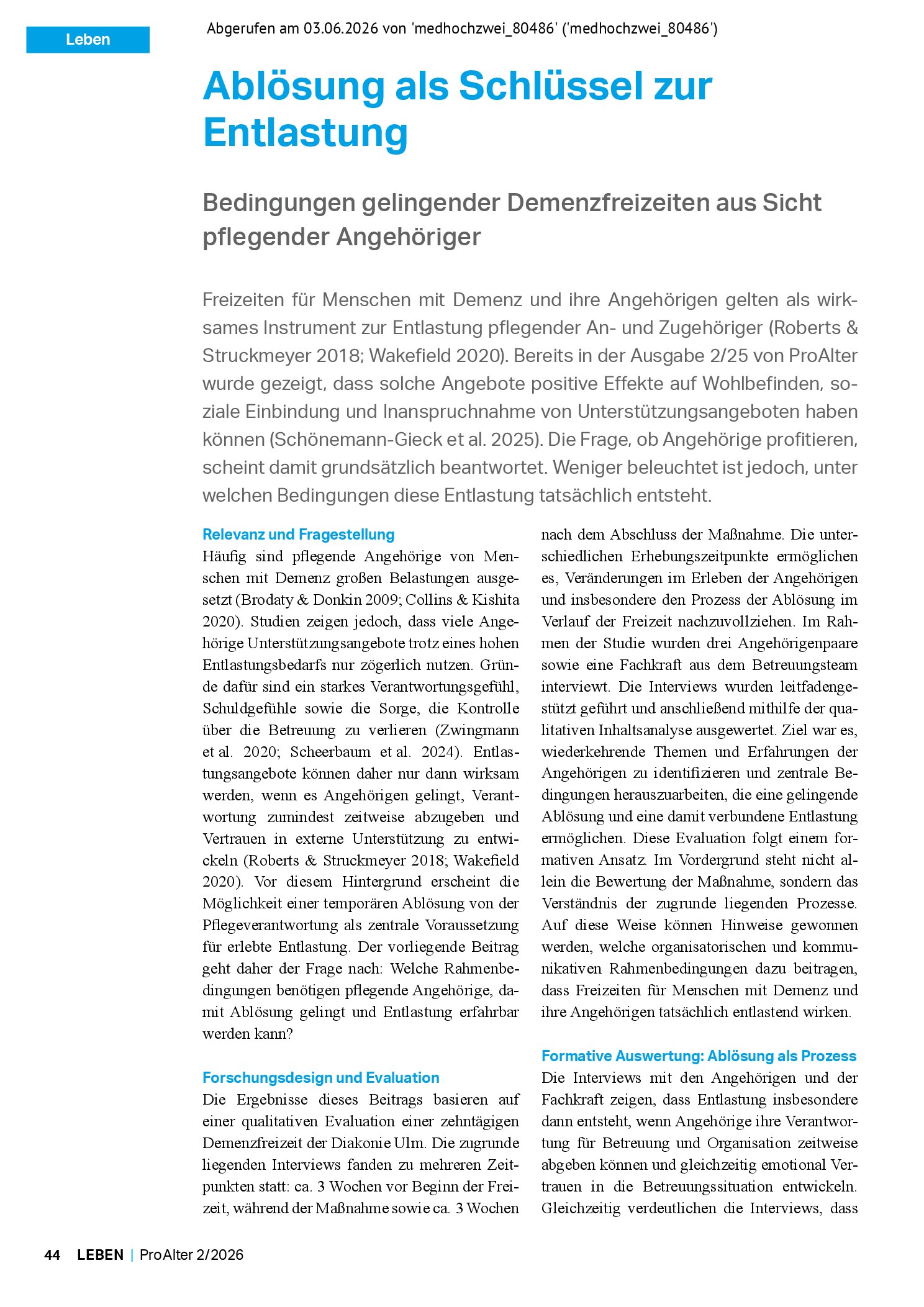 Vorschauseite 1: Ablösung als Schlüssel zur Entlastung. Bedingungen gelingender Demenzfreizeiten aus Sicht pflegender Angehöriger