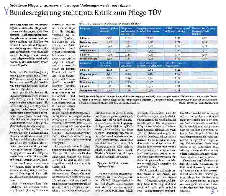 Vorschauseite 1: Bundesregierung steht trotz Kritik zum Pflege-TÜV