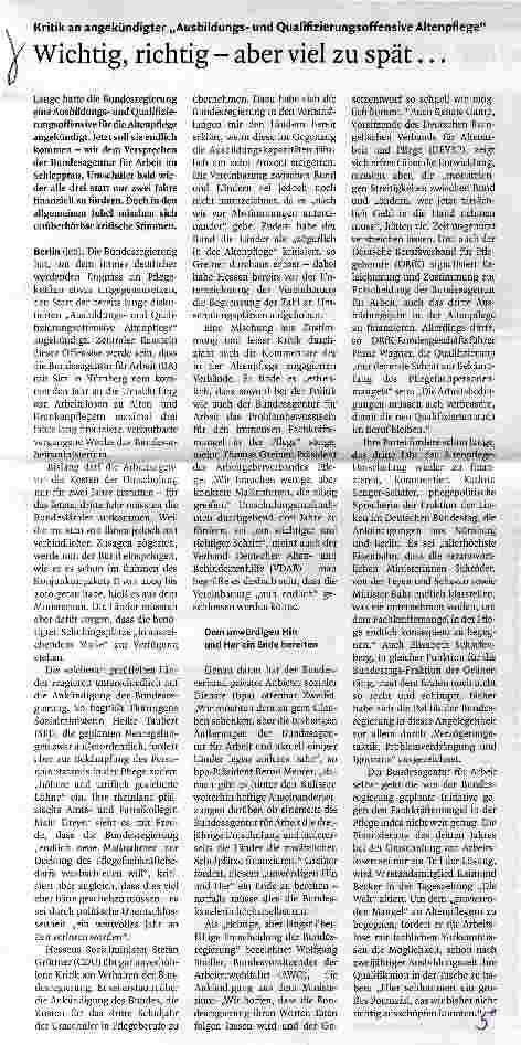 Vorschauseite 1: Kritik an angekündigter „Ausbildungsund Quafifizierungsoffensive AltenpflegeWichtig, richtig - aber viel zu spät. ..