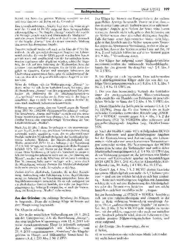 Vorschauseite 3: Unzulässigkeit der Bezeichnung eines Wodka-Mischgetränks als „Energy & VodfcaHCVO Art. 4 Abs. 3 S. 2