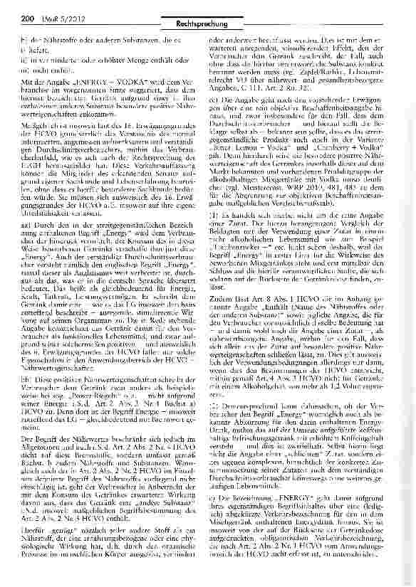 Vorschauseite 4: Unzulässigkeit der Bezeichnung eines Wodka-Mischgetränks als „Energy & VodfcaHCVO Art. 4 Abs. 3 S. 2