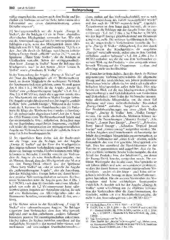 Vorschauseite 6: Unzulässigkeit der Bezeichnung eines Wodka-Mischgetränks als „Energy & VodfcaHCVO Art. 4 Abs. 3 S. 2
