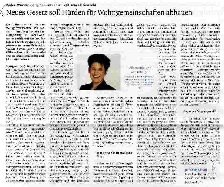 Vorschauseite 1: Baden-Württemberg: Kabinett beschließt neues HeimrechtNeues Gesetz soll Hürden für Wohngemeinschaften abbauen