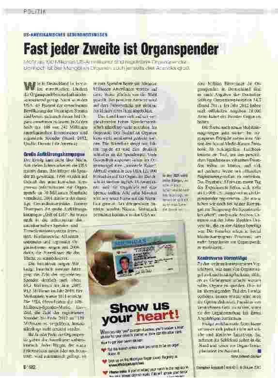 Vorschauseite 1: Fast jeder Zweite ist Organspender