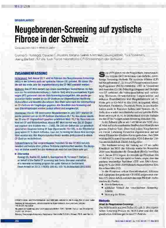 Vorschauseite 1: Neugeborenen-Screening auf zystische Fibröse in der Schweiz