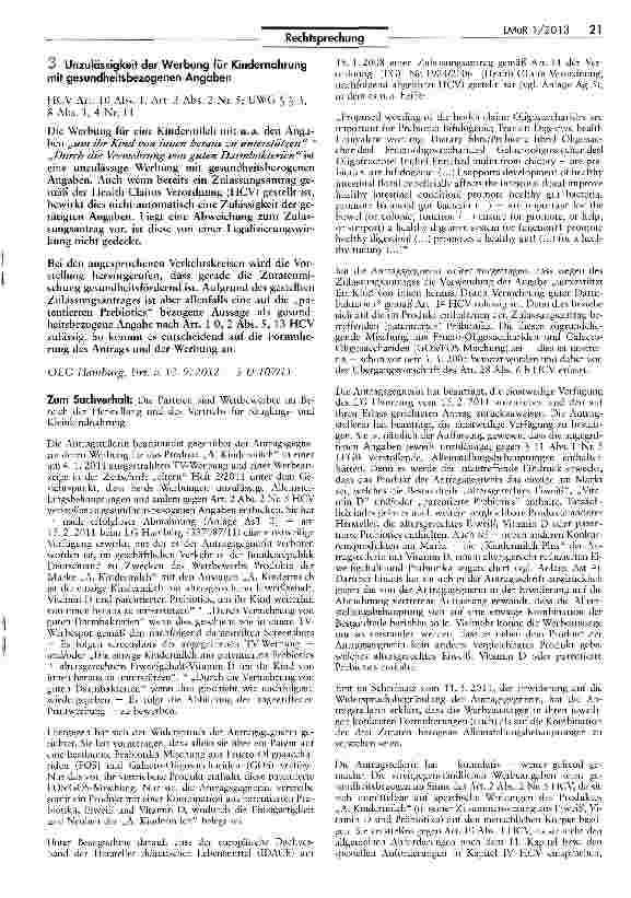Vorschauseite 1: Unzulässigkeit der Werbung für Kindernahrung mit gesundheitsbezogenen Angaben HCV Art. 10 Abs. 1, Art. 2 Abs. 2 Nr. 5; UWG § § 3, 8 Abs. 1,4 Nr. 11