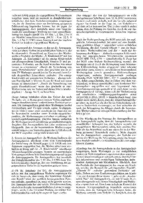 Vorschauseite 3: Unzulässigkeit der Werbung für Kindernahrung mit gesundheitsbezogenen Angaben HCV Art. 10 Abs. 1, Art. 2 Abs. 2 Nr. 5; UWG § § 3, 8 Abs. 1,4 Nr. 11
