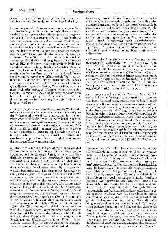 Vorschauseite 4: Unzulässigkeit der Werbung für Kindernahrung mit gesundheitsbezogenen Angaben HCV Art. 10 Abs. 1, Art. 2 Abs. 2 Nr. 5; UWG § § 3, 8 Abs. 1,4 Nr. 11