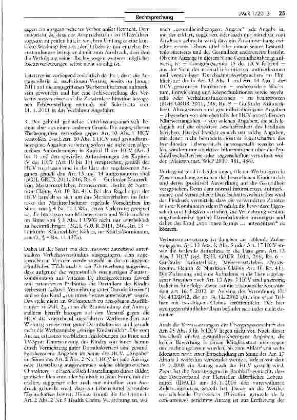 Vorschauseite 5: Unzulässigkeit der Werbung für Kindernahrung mit gesundheitsbezogenen Angaben HCV Art. 10 Abs. 1, Art. 2 Abs. 2 Nr. 5; UWG § § 3, 8 Abs. 1,4 Nr. 11
