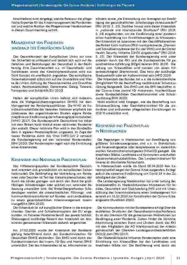 Vorschauseite 2: Einbindung von Pflegefachwissen im Rahmen der Pandemie. Pflegerische Selbstverwaltungen sollten dringend Teil der Krisenstäbe sein.