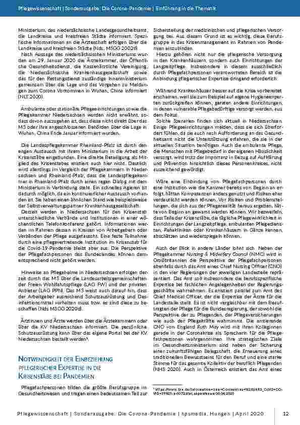 Vorschauseite 3: Einbindung von Pflegefachwissen im Rahmen der Pandemie. Pflegerische Selbstverwaltungen sollten dringend Teil der Krisenstäbe sein.
