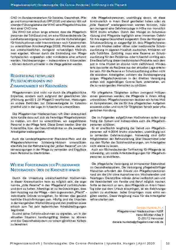 Vorschauseite 4: Einbindung von Pflegefachwissen im Rahmen der Pandemie. Pflegerische Selbstverwaltungen sollten dringend Teil der Krisenstäbe sein.