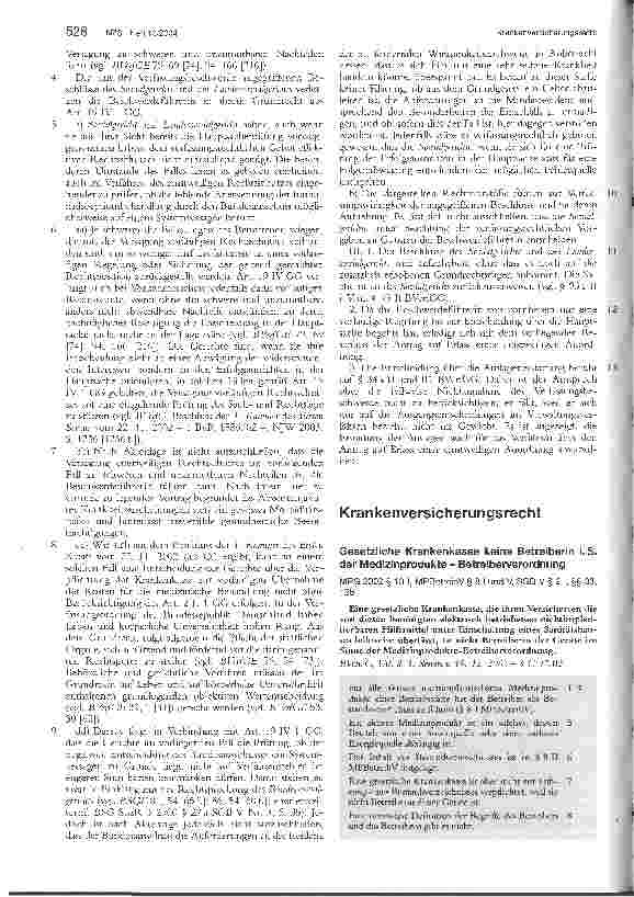 Vorschauseite 1: KrankenversicherungsrechtGesetzliche Krankenkasse keine Betreiberin i. S. der Medizinprodukte - Betreiberverordnung