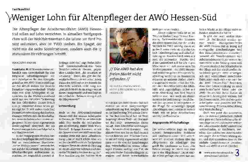 Vorschauseite 1: Weniger Lohn für Altenpfleger der AWO Hessen-Süd