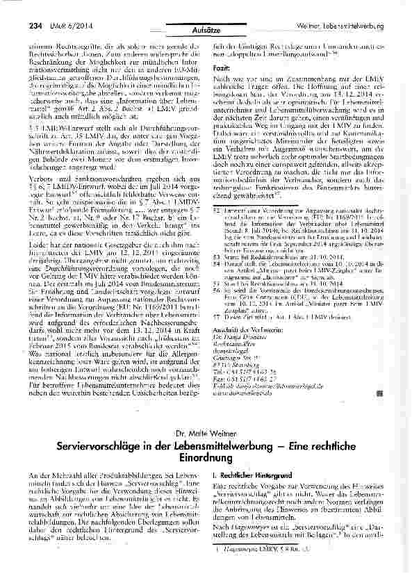 Vorschauseite 1: Serviervorschläge in der Lebensmittelwerbung — Eine rechtliche Einordnung