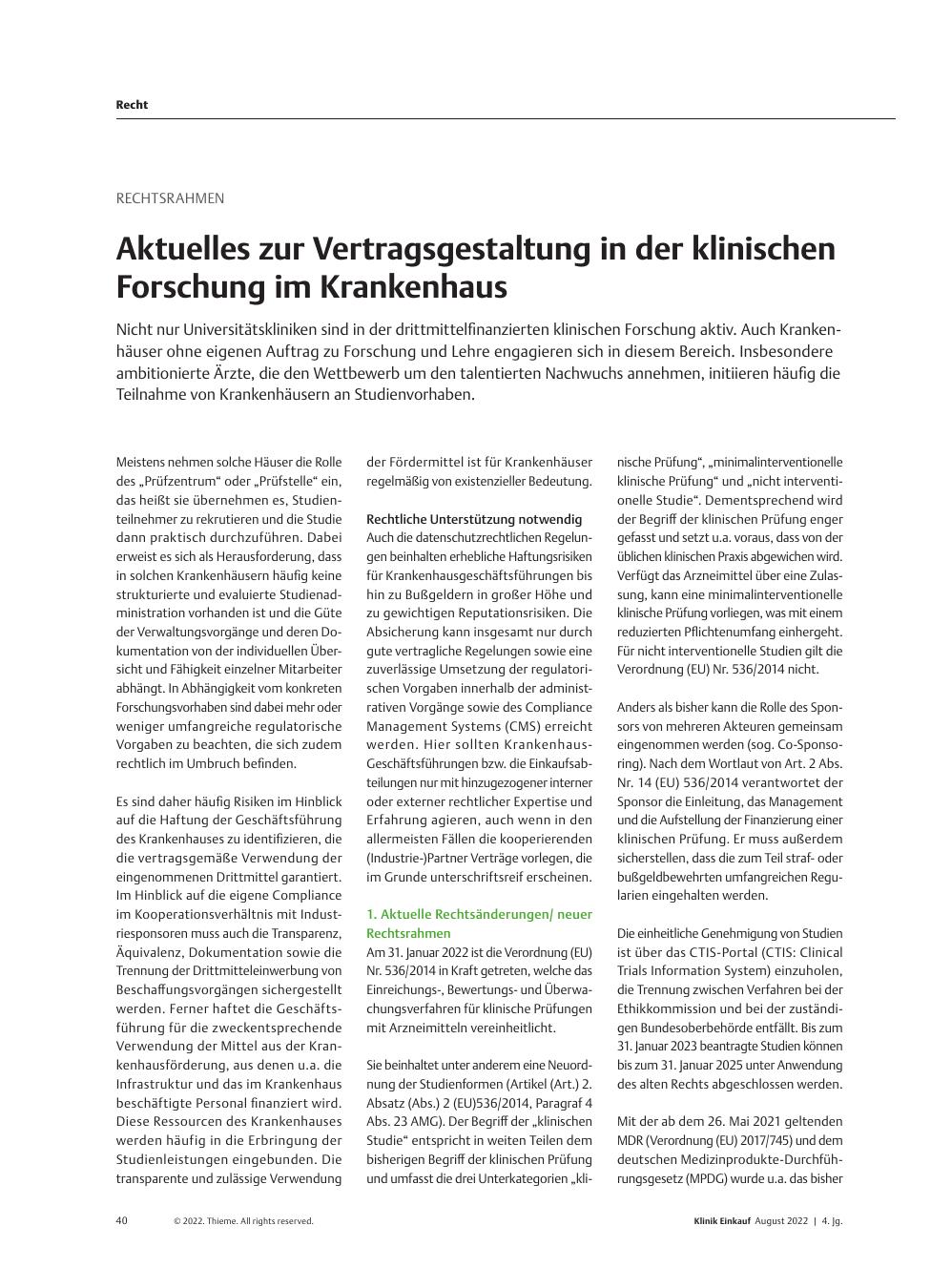 Vorschauseite 1: Rechtsrahmen: Aktuelles zur Vertragsgestaltung in der klinischen Forschung im Krankenhaus