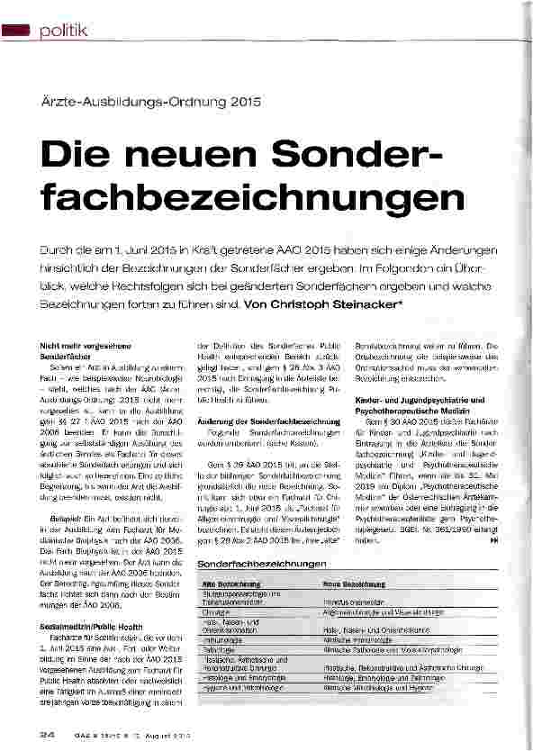 Vorschauseite 1: Ärzte-Ausbildungs-Ordnung 2015Die neuen Sonderfachbezeichnungen