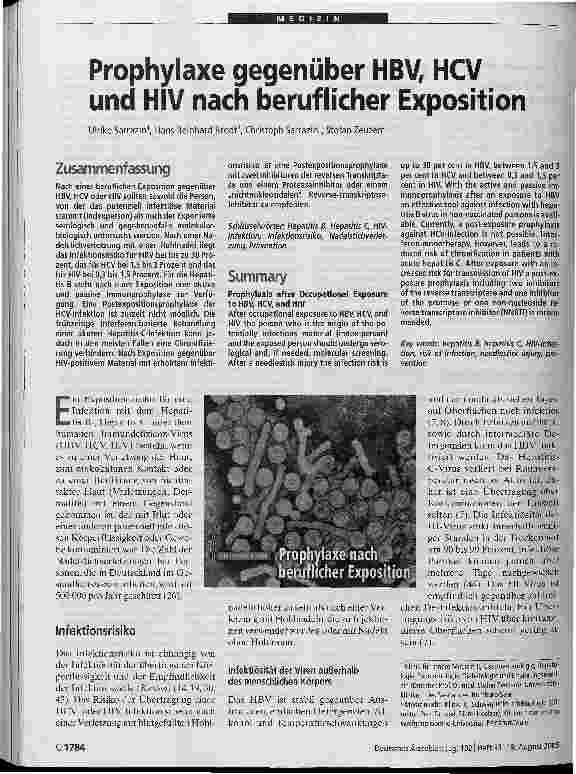 Vorschauseite 1: Prophylaxe gegenüber HBV, HCV und HIV nach beruflicher Exposition