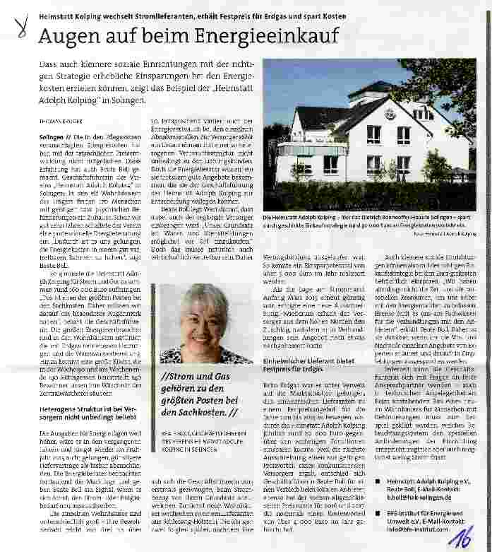Vorschauseite 1: Heimstatt Kolping wechselt Stromlieferanten, erhält Festpreis für Erdgas und spart KostenAugen auf beim Energieeinkauf