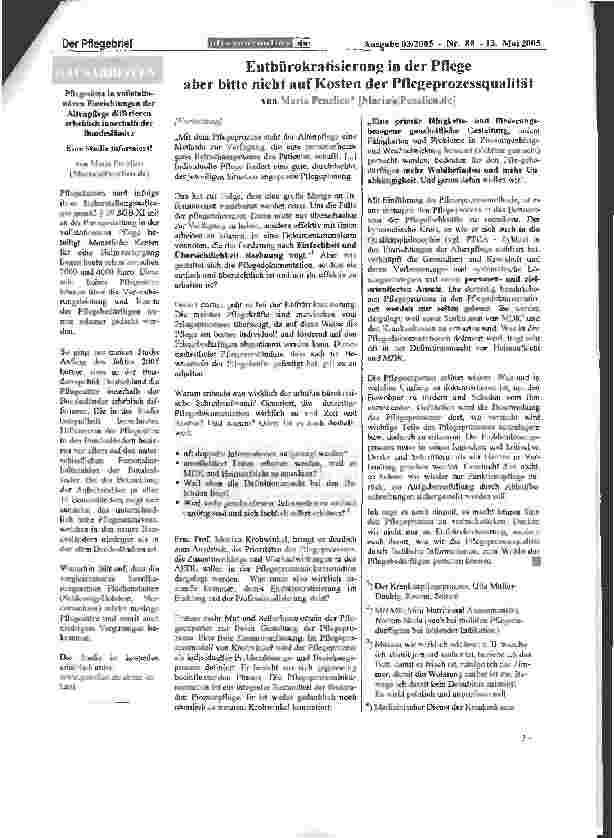 Vorschauseite 2: Entbürokratisierung in der Pflege aber bitte nicht auf Kosten der Pflegeprozessqualität