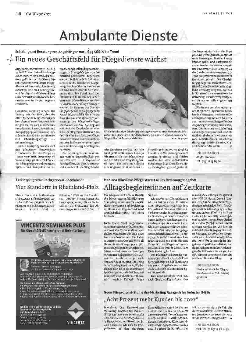 Vorschauseite 1: Schulung und Beratung von Angehörigen nach §45 SGB XI im Trend - Ein neues Geschäftsfeld für Pflegedienste wächst