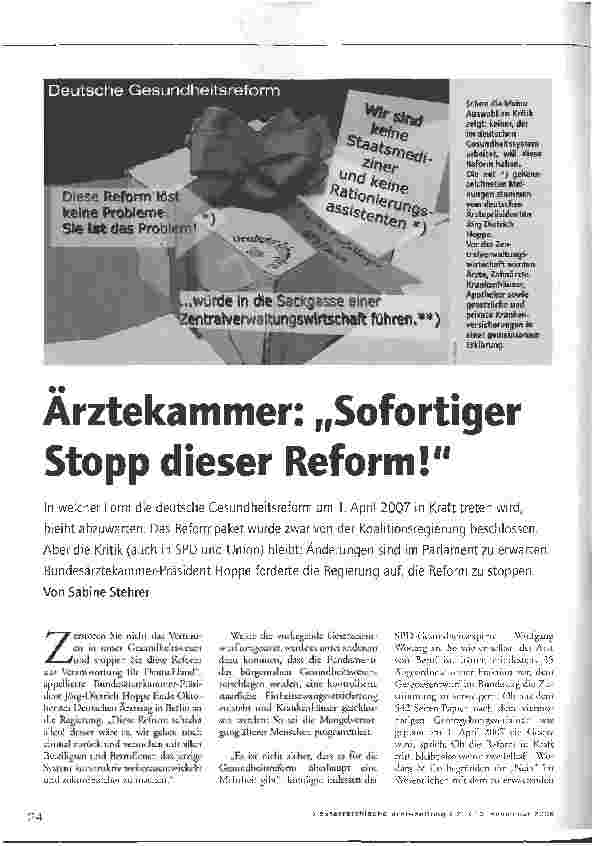 Vorschauseite 1: Ärztekammer: Sofortiger Stopp dieser Reform!