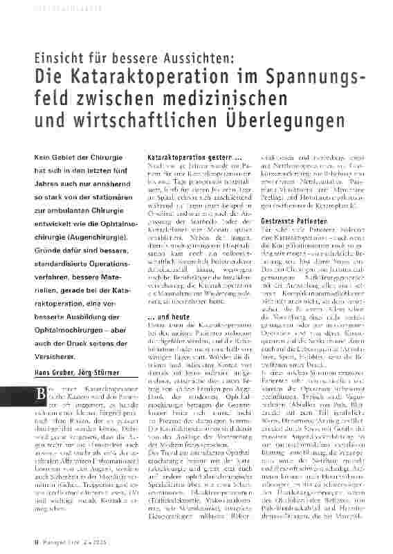 Vorschauseite 1: Die Kataraktoperation im Spannungsfeld zwischen medizinischen und wirtschaftlichen Überlegungen