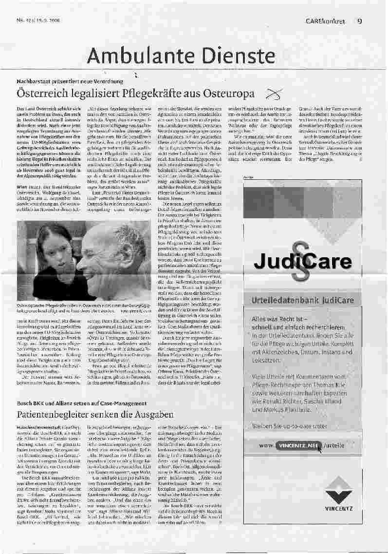 Vorschauseite 1: Österreich legalisiert Pflegekräfte aus Osteuropa - Nachbarstaat präsentiert neue Verordnung