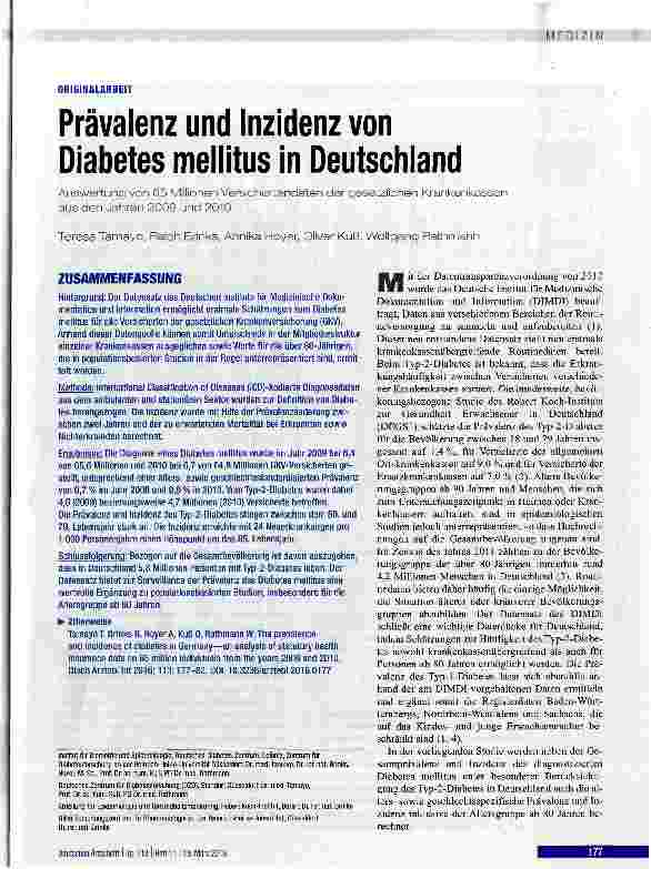 Vorschauseite 1: Prävalenz und Inzidenz von Diabetes mellitus in Deutschland